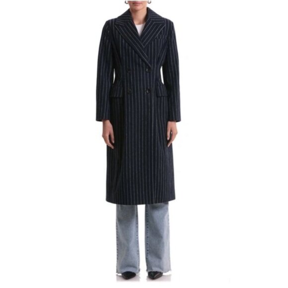 Anthropologie Avec Les Filles Pinstriped Double Breasted Trench Coat Navy XL - Picture 9 of 9